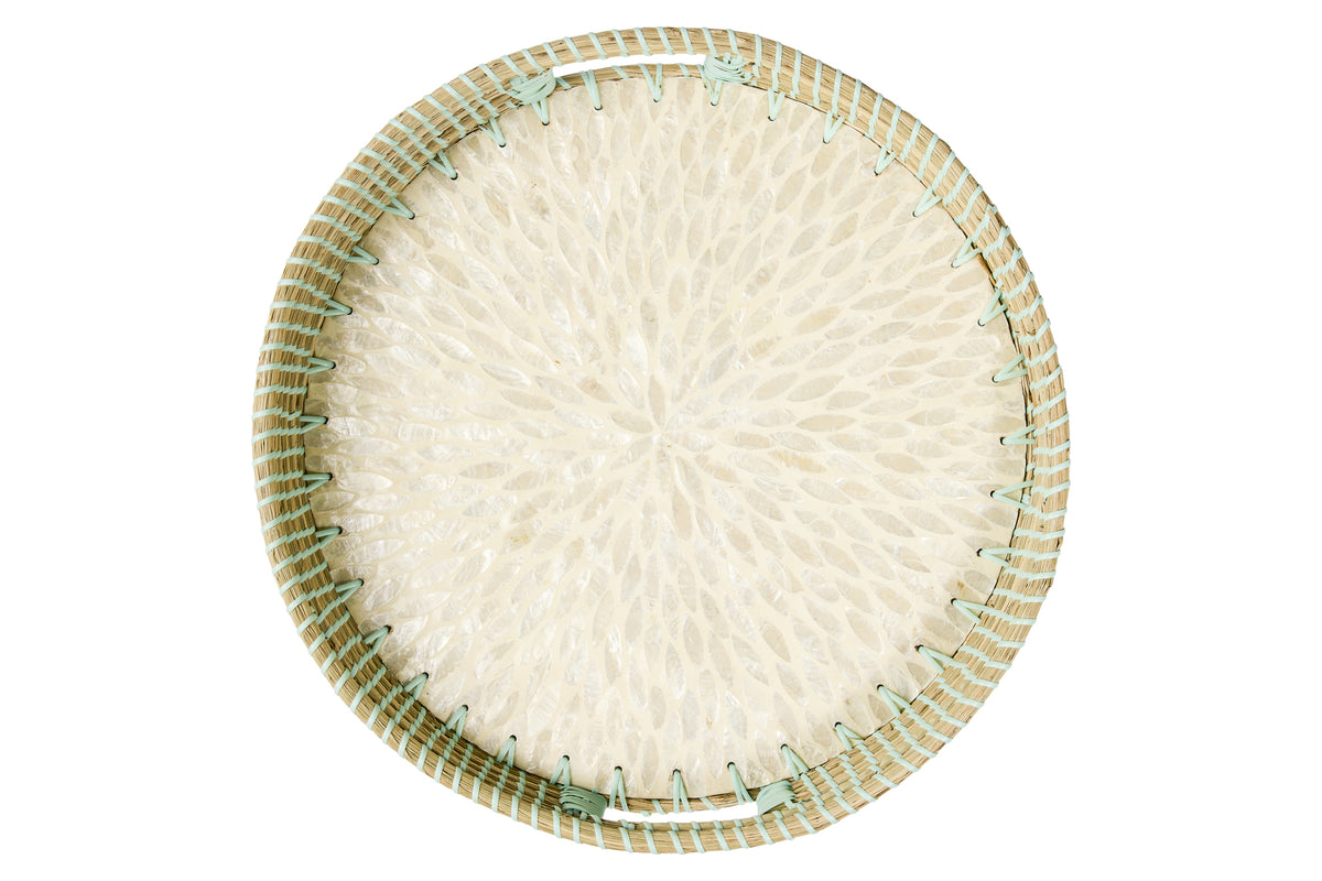 Vassoio tondo in giunco marino con mosaico in madreperla bianco